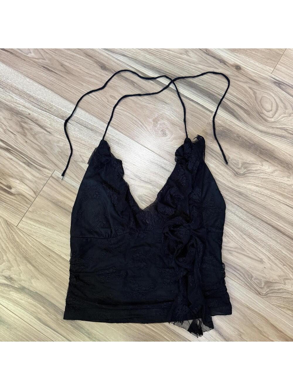 Lizette Collection Black Lace Ruffle Halter Crop Top Deep V Tie Neck Size L